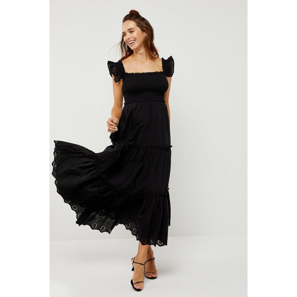 Pietro Brunelli Chloe Ruffle Sleeve Smocked Maternity‎ Dress Black Size Small